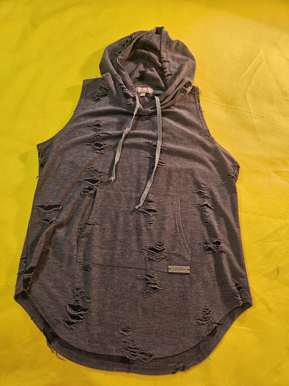 Grunge Charcoal Distressed Sleeveless Hooded Tank